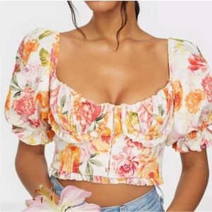 For Love And Lemons Floral Cropped Puff Sleeve Blouse Orange Pink Medium